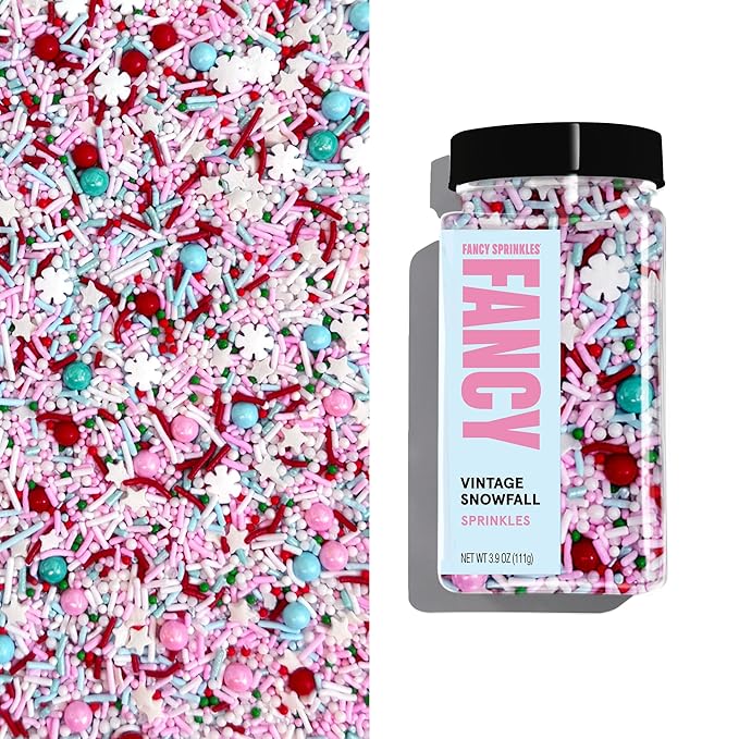 Fancy Sprinkles Limited Edition Holiday Vintage Snowfall Sprinkles Pink Pastel, Teal, Red, Dark Green and Snowy White Crunchy Jimmies, Pearls, Nonpareils, Sugar, Star and Snowflake Shapes (0.5c)