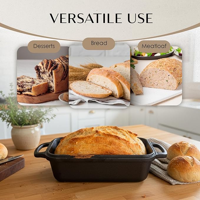 Cast Iron Bread Loaf Pan + Bread Bag + Dough Whisk + Brush | 2-in 1 Pre-Seasoned oven-safe bread pan for homemade bread | 5-Piece Set
