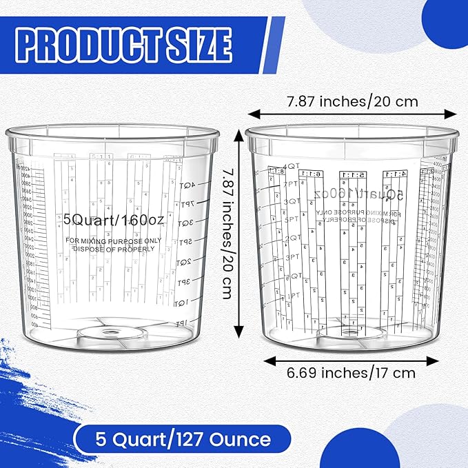 Maxdot 6 Pcs 5 Quart/160 Ounce Paint Mixing Cups Plastic Measuring Cups for Liquids Automotive Painting, Epoxy Resin, Acrylic Arts, Disposable or Reusable, Crafts, Graduated, Mixing Ratios