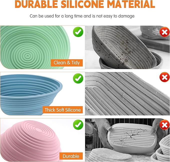 4Pcs Silicone Banneton Bread Proofing Baskets, 10" Round Foldable Non-Stick Dough Proofing Bowl Containers-BPA Free, Optimum Sourdough Bread Baking Supplies