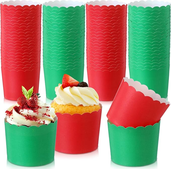 100 Pcs Red Green Cupcake Liners Bulk Baking Paper Cup Muffin Wrappers Classic Solid Color Pattern Baking Cup for Spring Mother's Day Christmas Wedding Birthday Decoration, 2.8" x 2.4" x 2.2"