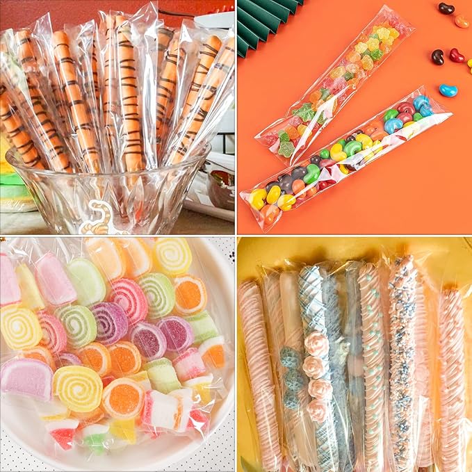 SUREHOME Pretzel Rod Bags 100 Pcs 2x8 Inch Pretzels Bag Adhesive Pretzels Individual Bags Clear Resealable Self Sealing Cellophane Bag for Chocolate Covered Pretzels Stick Candy Treats Packaging