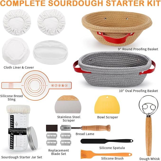 Sourdough Starter Kit, 9" Round & 10" Oval Cotton Rope Banneton Bread Proofing Basket, Sourdough Bread Baking Supplies Set - Bread Lame, Sling, Bread Whisk, Dough Scraper, Sour Dough Tools