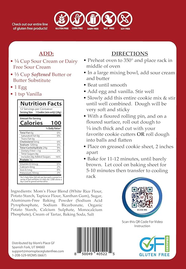 Mom's Place Gluten-Free Sugar Cookie Mix, Dessert Baking, Easy to Make, Nut, Dairy & Soy Free, 12 Servings, 11.3 oz