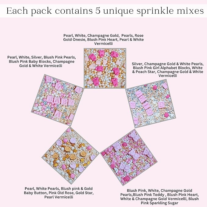 Confect Girls Baby Shower Sprinkles | Mix Blush Pink & Gold Button, Teddy & Heart Sprinkles | edible Sprinkles for Cake & Cupcake Sprinkle Pack of 5 | Vegan, Gluten-Free, Nut-Free, Soy-Free, Dairy-Free, Palm Oil-Free - 5 Oz