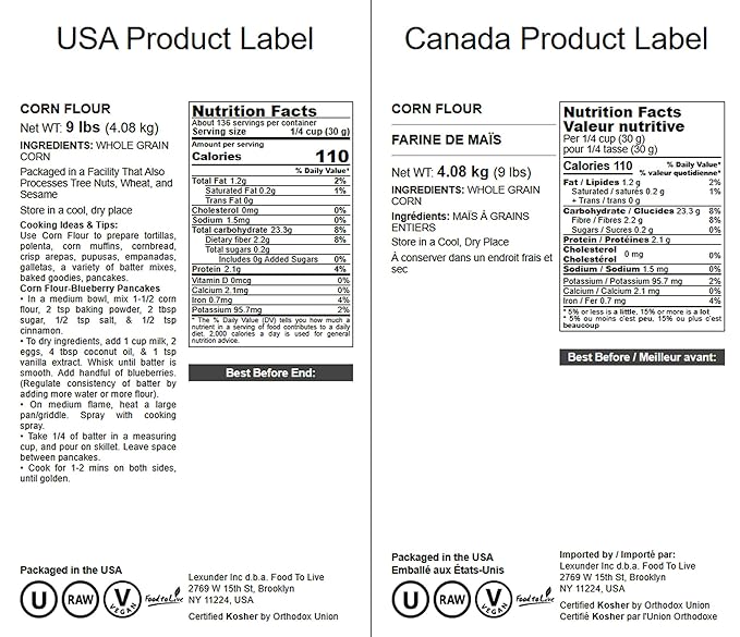 Food to Live Corn Flour, 9 Pounds - Made from Whole Grain, Finely Ground Meal, Vegan, Kosher, Bulk, Great for Cooking and Baking Cornbread, Muffins, Pancakes, Waffles and Tortillas