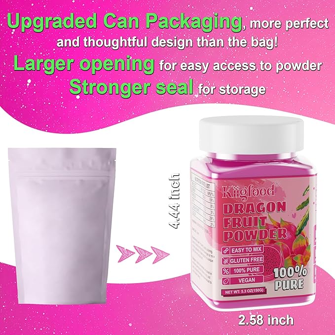 Dragon Fruit Powder - Kiigfood 5.3 oz/150g Natural Fruit Powder, Freeze-Dried Pink Pitaya Powder for Dragon Fruit Syrup, Drink, Christmas Baking, Smoothies, Cocktail, Food Coloring - Vegan, Non-GMO, Gluten-Free