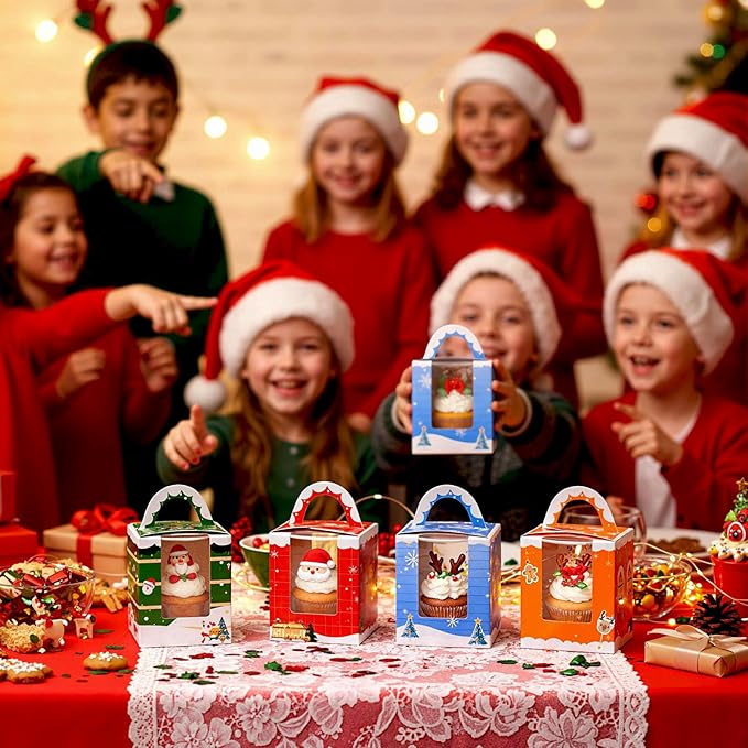 20PCS Christmas Cupcake Boxes,Cookie Boxes with Window for Christmas Party Birthday Family Gathering 3.7" x 3.7" x 4.3"