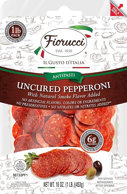 Fiorucci All Natural Uncured Pepperoni, Family Size, Spicy Natural Smokey Flavor with No Nitrites & Antibiotic Free Pork, 6g of Protein, 1 Pound (Pack of 1)