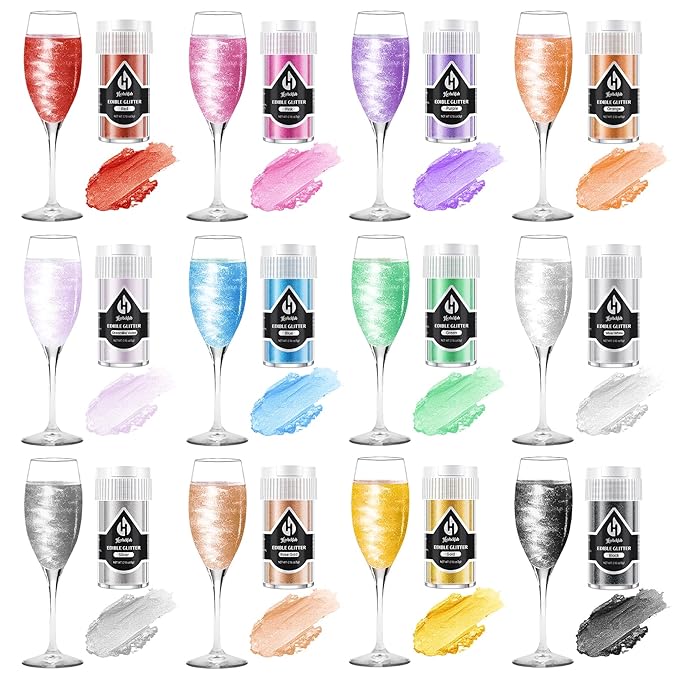 Edible Glitter – 12 Colors Luster Dust Drink Glitter, Food Grade Cocktail Shimmer Powder for Beverages, Cakes, Chocolate & Candy, 5g/Bottle