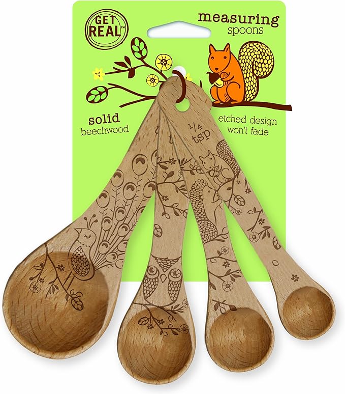 Talisman Designs Laser Etched Beechwood | Set of 4 | Woodland Design | Natural, Wooden Measuring Spoons Set| Cute & Functional Kitchen Tools