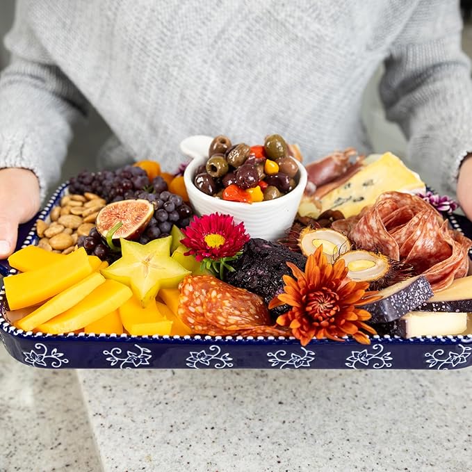 Temp-tations by Tara Baking Pans Set - 9x13" Set of 2 Blue Floral Lace Bakeware Sets with Casserole Dish for Oven and Serving Dish for Lasagna, Pies, Meatloaf, Hand-Painted Ceramic Casserole Oven Pan
