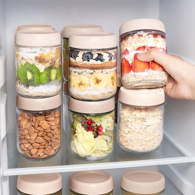 Overnight Oats Containers with Lids, 16oz Glass Storage Containers with Lids, Wide Mouth Mason Jars, Glass Jars with Airtight Lids for Salad, Yogurt, Chia Seed, Pudding, Meal Prep 6-Pack
