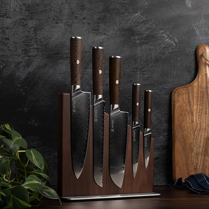 Yatoshi Knives Magnetic Kitchen Knife Block Set - Japanese 67 Layer High-Grade VG-10 Steel Knives, Sharp, G10 Handle Professional Kitchen Knife Set - Damascus (6 pieces), Brown