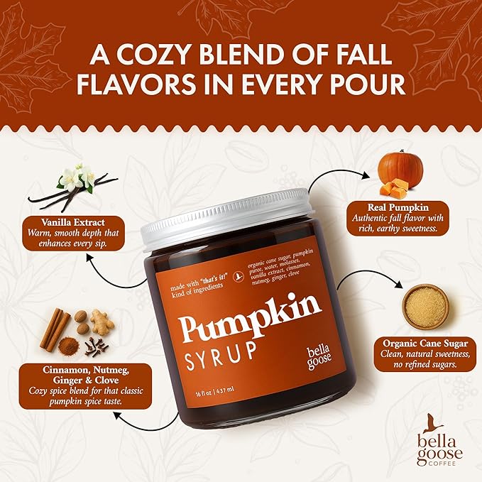 Bella Goose Pumpkin Syrup (16oz) - Homemade Pure Cane Sugar Syrup for Lattes, Matcha, Desserts & Ice Cream - Clean Ingredient - No Artificial Flavors, Dyes or Preservatives - Syrups for Coffee Drinks