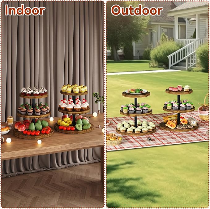 IBUYKE 3 Tier Cupcake Stand,Set of 2,Wood Durable Cupcake Tower,Round Serving Display Stand,Dessert Table Display Tree Tower for Birthday,Home Party, Wedding, Baby Shower,Rustic Brown UTLJ017H-2