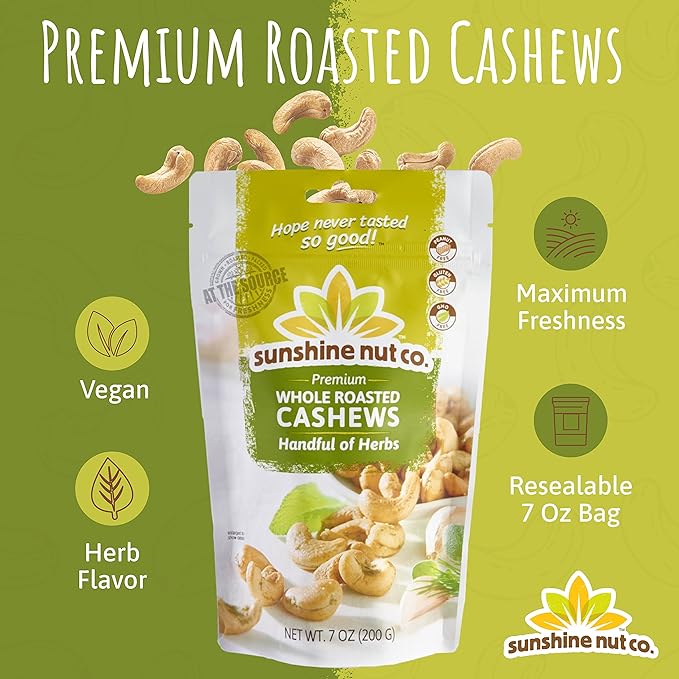 Sunshine Nut Company Whole Roasted Lightly Salted Cashews, Handful of Herbs Flavor, 2 Pack, 7 oz. Each, Gluten Free, Peanut Free and Vegan Individual Snack Packs for Kids and Adults, GMO Free