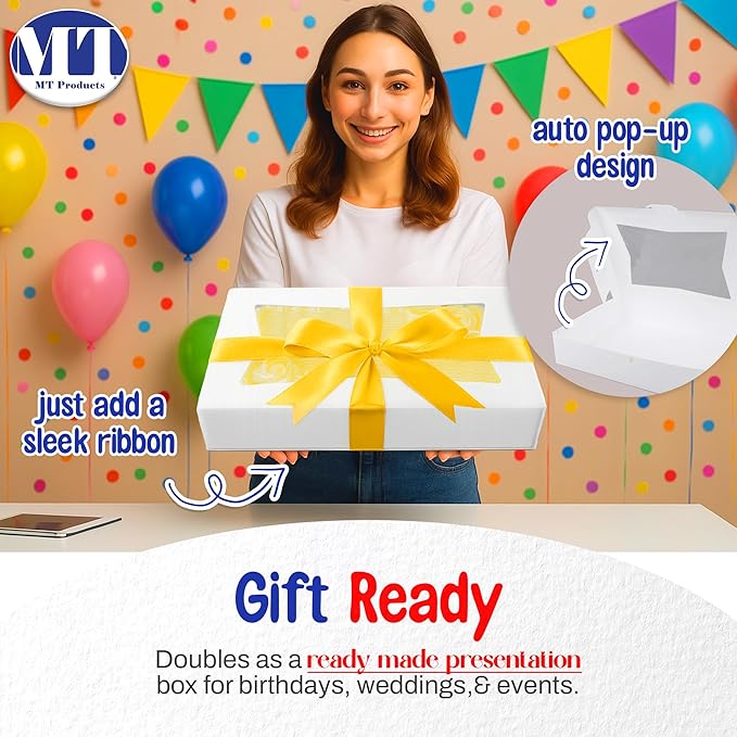 MT Products White Cake Boxes 19" x 14" x 4" - Auto Pop-Up Bakery Boxes with Window (Pack of 10) - Made in USA