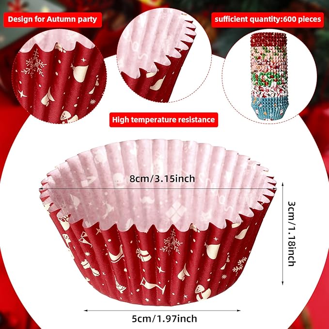CHENGU 600 Pieces Christmas Cupcake Wrappers, Candy Santa Claus Cupcake Liners Snowman Xmas Colorful Paper Baking Cups for Cake Make Baking Supplies, 6 Styles(Classic Styles)