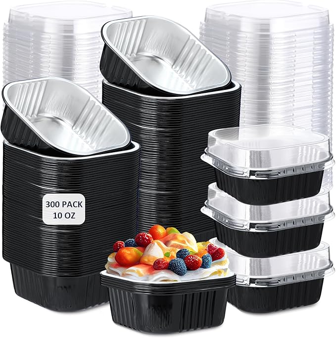 Aoriher 300 Pieces 10 oz Mini Cake Pans with Lids, Aluminum Foil Baking Cups, Square Disposable Cupcake Cups Baking Tins for Wedding Birthday Party Supplies(Black, Silver)