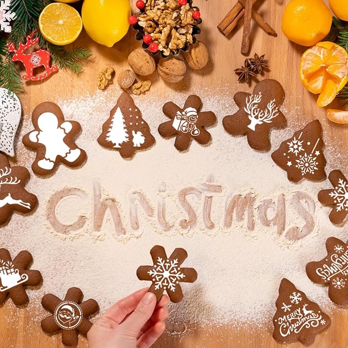 56 Pcs Christmas Stencils for Cookie & Cake Decorating, Reusable Holiday Baking Templates for Royal Icing, Coffee, Cupcake & Dessert Decoration Supplies (Christmas)