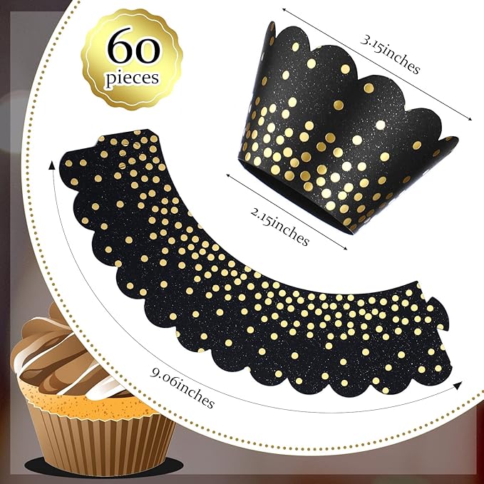 Zhehao 60 Pcs Gold Polka Dots Cupcake Wrappers Adjustable Graduation Cupcake Liners Paper Baking Cups Disposable Muffin Liners Holders for Birthday Baby Shower Wedding Party Supplies(Black)
