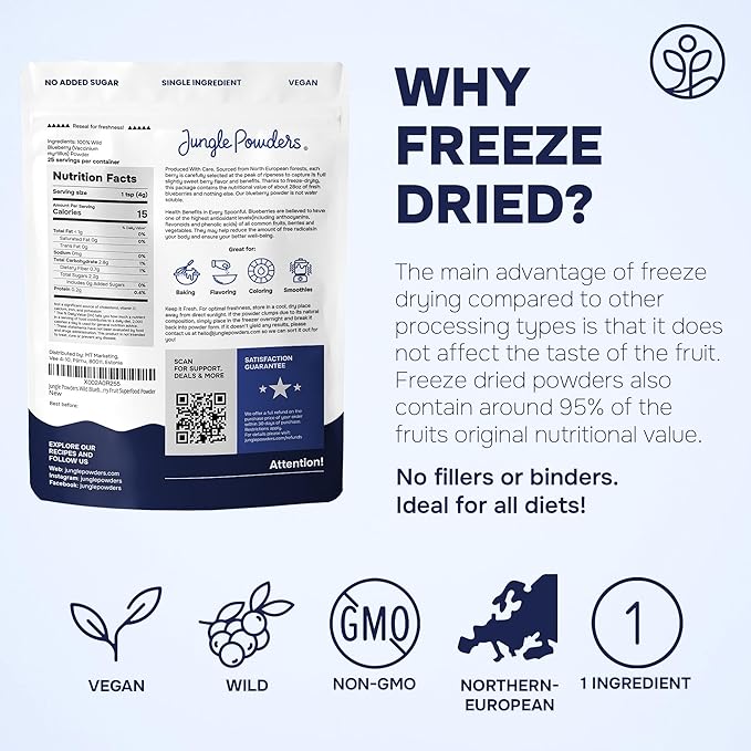 Jungle Powders Freeze Dried Wild Blueberry Powder 3.5 Ounce Bag Blueberry Powder For Smoothies Baking Extract Nordic Freeze Dried Blueberries No Sugar Added Additive-Free Bilberry Dehydrated