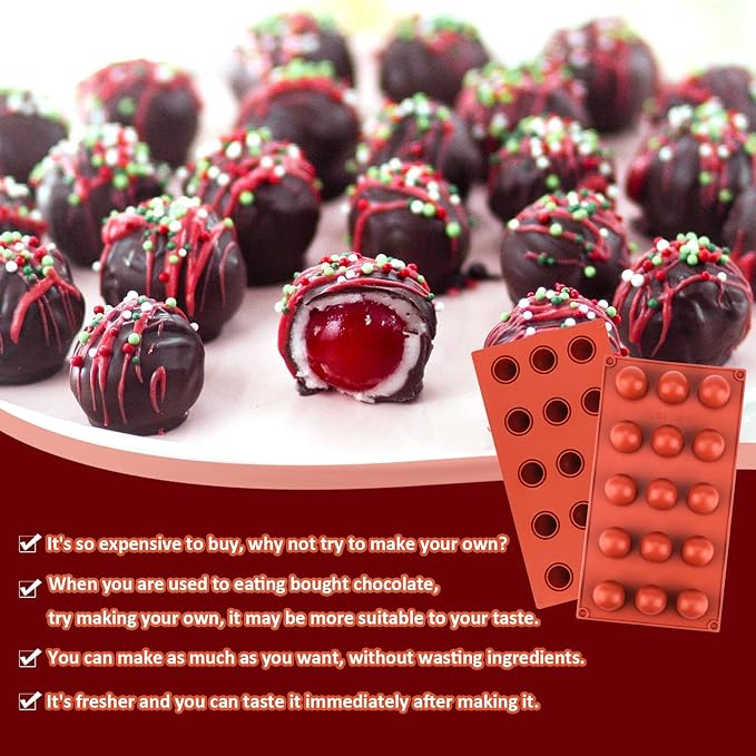 Palksky 2 Pcs Silicone Molds for Chocolate Covered Cherries Making, 15-Cavity Candy Baking Molds for Chocolate Truffles, Fat Bombs, Bite Size Snack, Pudding, Mini Sphere Cookies, Jello, Butter Ball