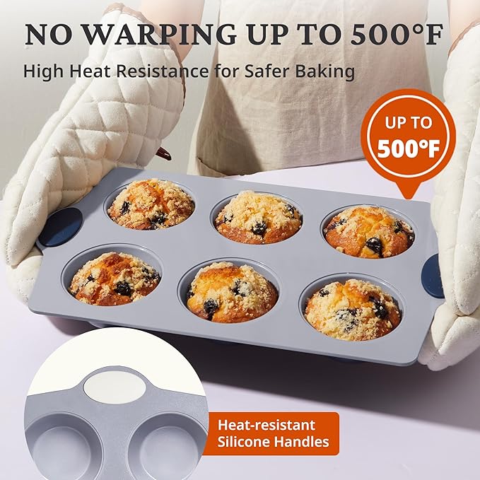 BRONYPRO 2-Pack 6-Cup Non Toxic Nonstick Ceramic Jumbo Muffin Pan & Cupcake Tin, PFOA & PFOA Free, Heavy Duty Rust-Resistant Aluminized Steel, Oven & Dishwasher Safe, Cream White