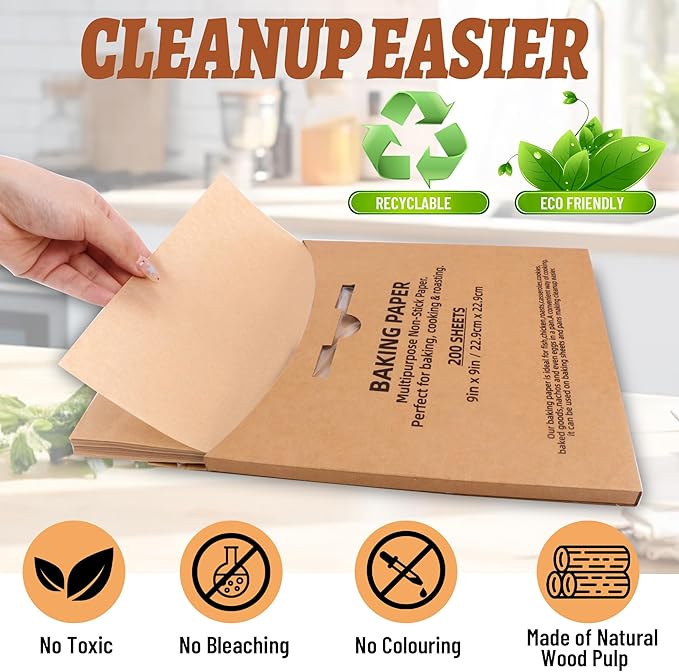200 Pcs Parchment Paper Baking Sheets, 9"x9" Precut Non-Stick Baking Parchment Paper Sheets Bun Sheet Pan Liners.Baking Grilling Air Fryer Steaming Bread Cup Cake Cookie (Brown-9"x9")