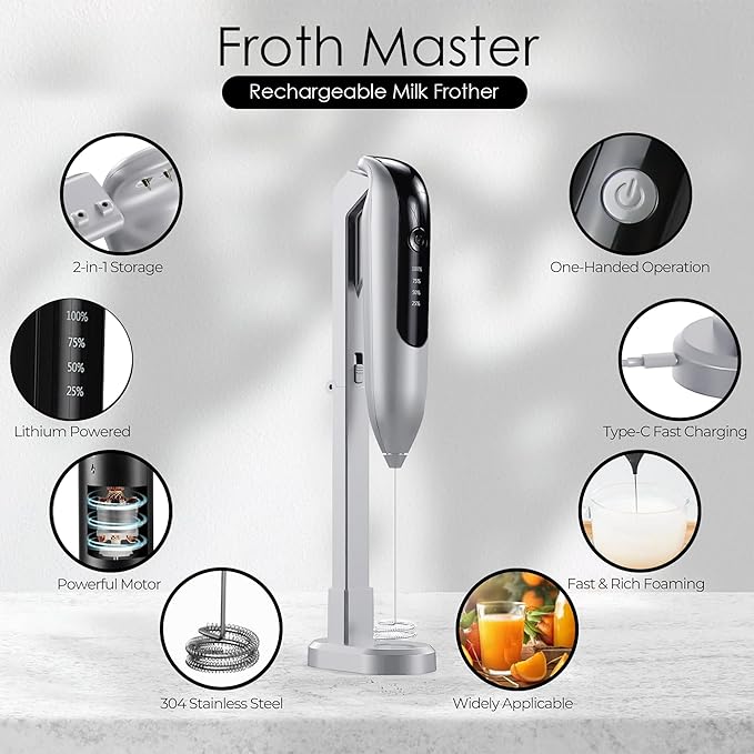 GOCHA | Electric Milk Frother Handheld - Rechargeable Coffee Frother with USB-C & 2 Speeds - Powerful RPM Latte Foam Maker for Cappuccino, Matcha, Hot Chocolate - Includes Stand & Whisk (Silver)
