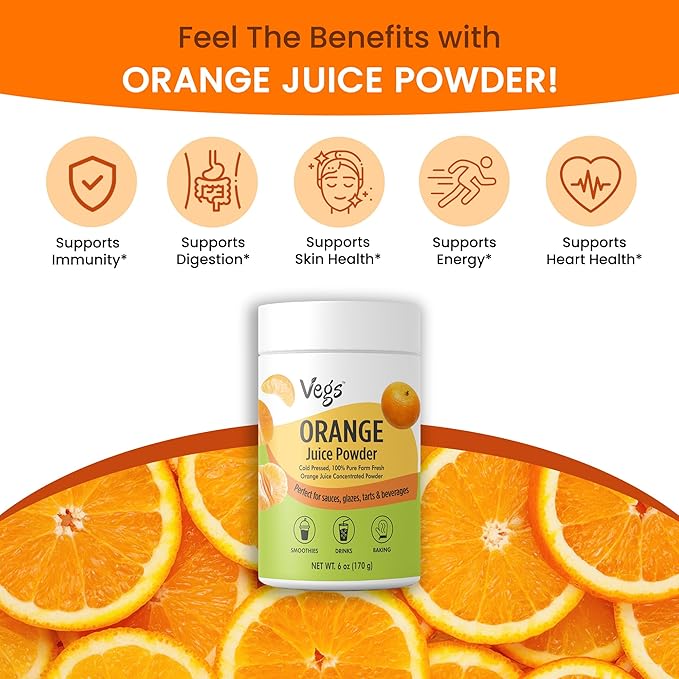 Vegs Orange Fruit Juice Powder - Freeze Dried & 100% Natural Orange Juice Concentrate - Flavoring Powder for Drinks, Smoothies & Baking - Sugar-Free, No Preservatives, Non-Gmo - 6 oz