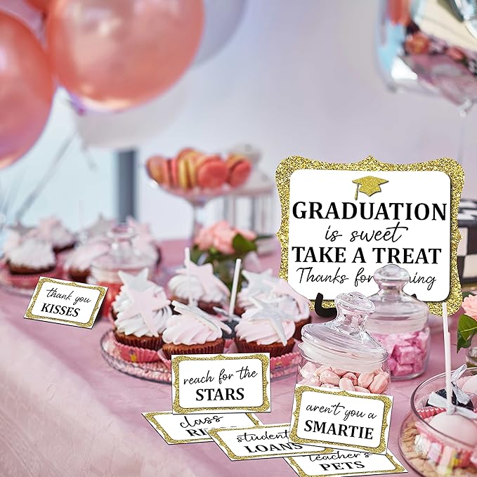 20PCS Graduation Candy Buffet Labels, 1 Gold Glitter Candy Buffet Table Sign with Stand, Catering Supplies Display for Graduation Decorations Class of 2026 -A05