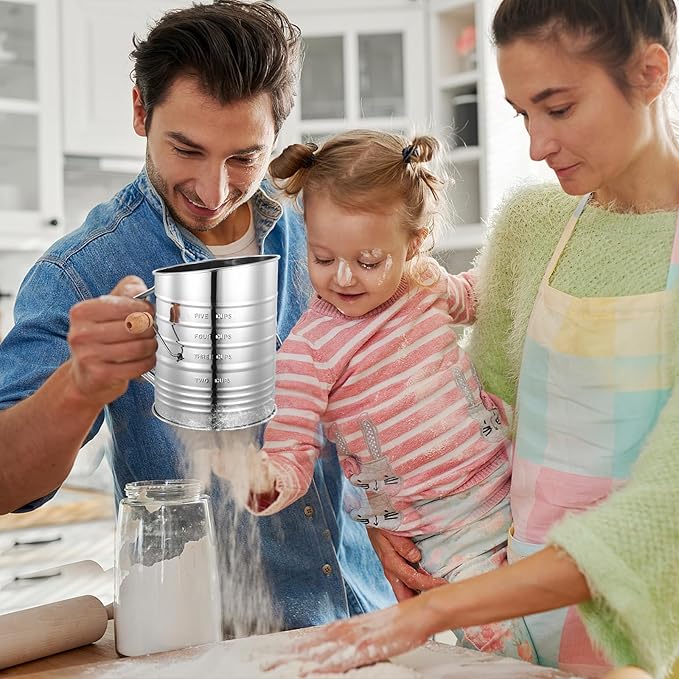Flour Sifter for Baking, 304 Stainless Steel 5 Cup Flour Sieve Fine Mesh Screen Powder Sifters with Loop Agitator for Quick Sifting, Hand Crank Sifter for Cooking Baking Kitchen Sugar Utensil DIY