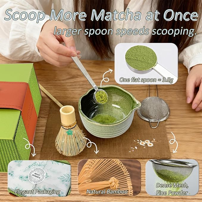8Pcs Matcha Whisk Set, Matcha Set Includes Ceramic Matcha Bowl, Whisk and Holder, Bamboo Scoop, Scoop Rest, Sifter, Measuring Spoons and Tea Towel Tea Kit Gift Set for Women (Green)