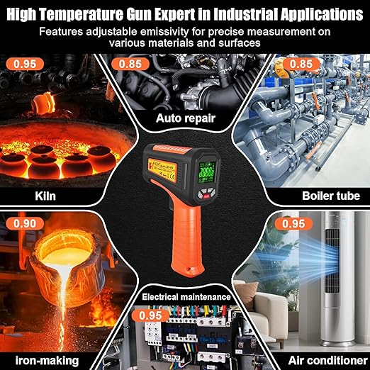 50:1-58°F ~3272°F FKM Infrared Thermometer High Temperature Gun,Non Contact Digital IR Temp Gun,High Precision Laser Thermometer Gun for Cooking,Kilns,Forges,Engine,HVAC,Industrial and Home Repair
