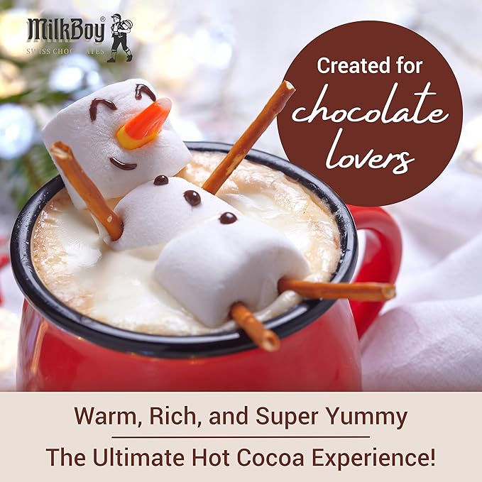 Milkboy Swiss Chocolates Gluten Free Hot Chocolate Mix for Cold or Hot Cocoa - Kosher, Vegan, Gourmet Swiss Chocolate Drink Mix, Made in Switzerland, Rainforest Alliance Certified Cocoa, 12 OZ