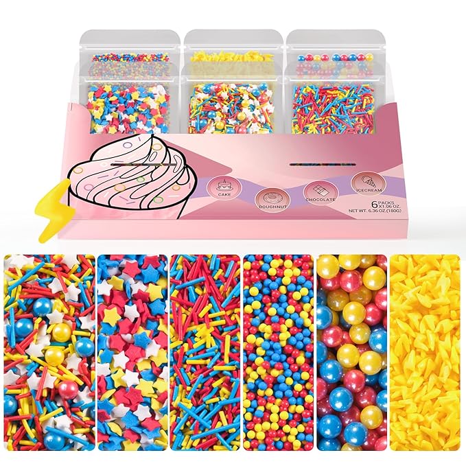 HUEBEATY 6-in-1 Sprinkles for Cake Decorating – 180g Red Blue Yellow Cake Sprinkles Mix with Flash Lightning Bolt Confetti, Jimmies, Nonpareils, Stars & Pearls – Edible Cakes, Cupcakes, Cookies & Ice Cream Topper Decorations (Primary)