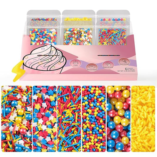 HUEBEATY 6-in-1 Sprinkles for Cake Decorating – 180g Red Blue Yellow Cake Sprinkles Mix with Flash Lightning Bolt Confetti, Jimmies, Nonpareils, Stars & Pearls – Edible Cakes, Cupcakes, Cookies & Ice Cream Topper Decorations (Primary)