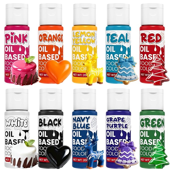 Oil Based Food Coloring - 10 Colors x 20ml Food Coloring for Chocolate, High Concentration Food Grade Food Dye for Baking, Candy, Icing, Fondant, Cake Decoration - 0.7 Fl.Oz/bottles