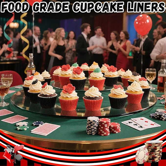 200PCS Red and Black Cupcake Liners Mini Muffin Baking Cups Wrappers for Gothic Birthday Party Supplies Disposable Cupcake Papers for Red Black Casino Theme Party Decorations