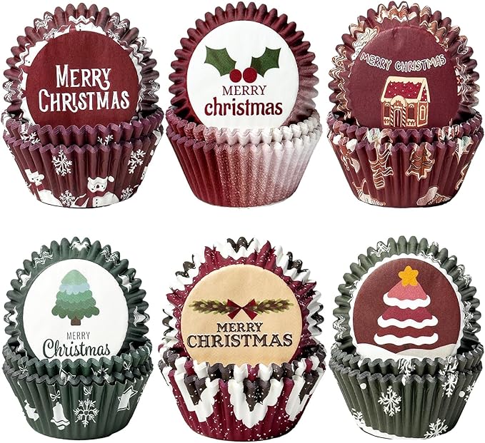 qiqee Christmas 300-Count Cupcake Liners Standard Cupcake Cups 6 Design Cupcake Papers Baking Cups Cupcake Wrappers (Standard Size)