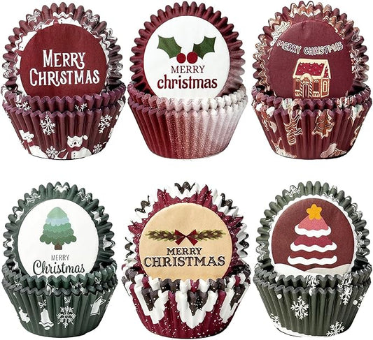 qiqee Christmas 300-Count Cupcake Liners Standard Cupcake Cups 6 Design Cupcake Papers Baking Cups Cupcake Wrappers (Standard Size)
