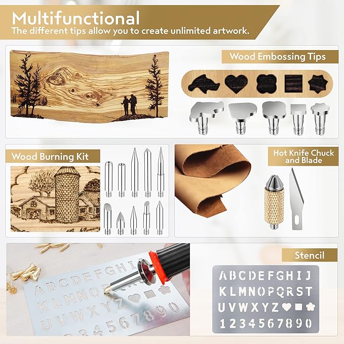 Wood Burning Kit. Pyrography Pen Fully Adjustable Temperature With safety Stand. 27 Tips with Cutting Blade, Stencils and Deluxe Case