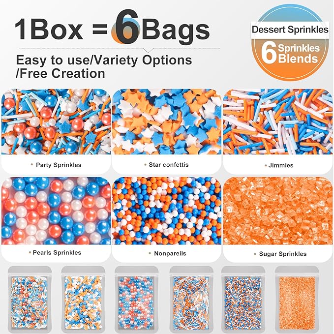 HUEBEATY 6-in-1 Sprinkles for Cake Decorating – 180g Blue and Orange Sprinkles Mix with Jimmies, Nonpareils, Stars, Pearls & Sugar Crystal – Edible Cakes, Cupcakes, Cookies & Ice Cream Topper Decorations for Birthday Parties