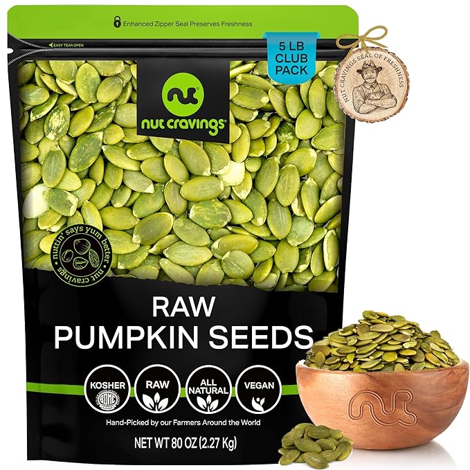 NUT CRAVINGS - Raw Pumpkin Seeds Pepitas, Unsalted, Shelled, (80oz - 5 LB) Bulk Nuts Packed Fresh in Resealable Bag - Kosher Healthy Snack, Food Assortments Ideal for Trail Mixed Nuts