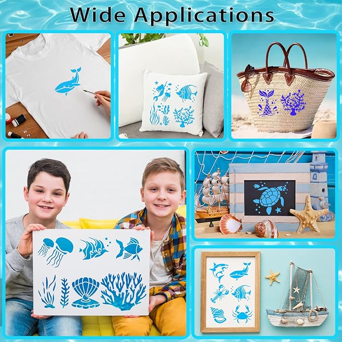 80 Pcs 6 x 6 Inch Stencils for Painting on Wood, Reusable Sea Ocean Creatures Mermaid Dolphin Shark Plastic Stencils DIY Craft Paint Template Set for Wall Home Decor