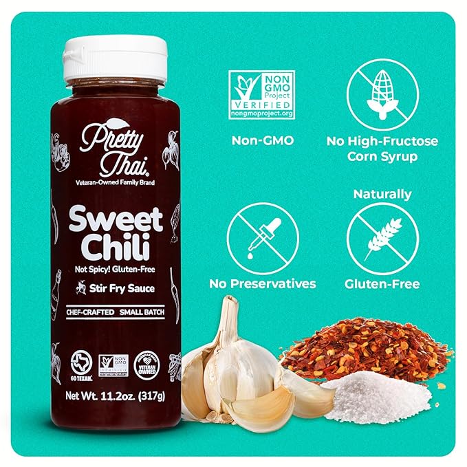 Pretty Thai Sweet Chili Sauce, Gluten Free Certified Non-GMO Authentic Vegan Stir Fry, BBQ Condiment, Dipping Sauce, Rice Seasoning, 100% Natural (Pack of 6)