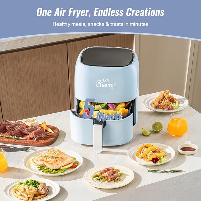 Charmi 5QT Air Fryer – Beautiful Retro Design, Stylish Countertop Look, Nonstick & PFAS-Free, Safe Auto Shutoff, Digital Touchscreen, 8 Cooking Presets (Pastel Blue)