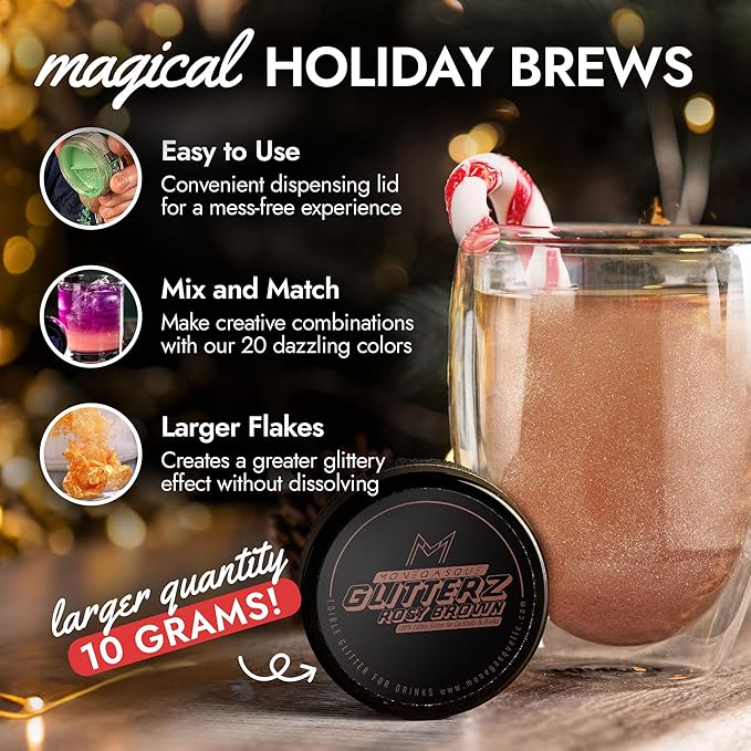 MONÉGASQUE Brown Edible Glitter for Drinks 10g – Edible Glitter for Cakes & Cocktails – Brown Sprinkles for Food & Cake Decorating – Christmas Drink Shimmer Powder Spray Dust for Cocktail Decorations